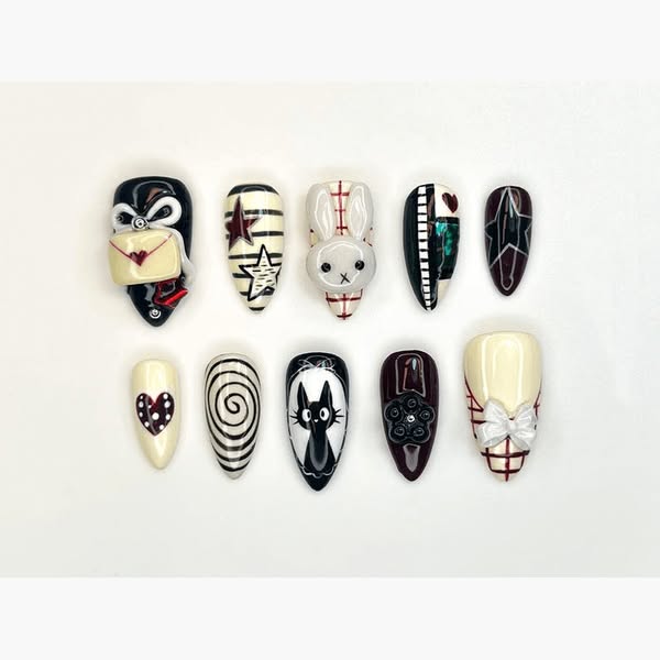 Creepy Cute Press On Nails | Gothic Mask And Bunny Nail Art | 3D Bow & Spiral Nails | Handmade Halloween Nail Set | OC1157BC