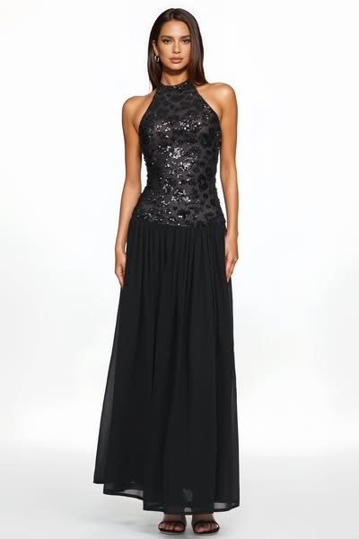 Larylt Halter Neck Ruched Mesh Sequin Maxi Dress