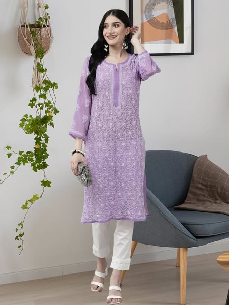 Hand Embroidered Mauve Faux Georgette Lucknow Chikankari Kurta - Kurtas-and-kurtis