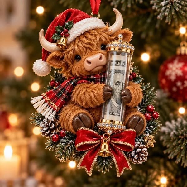 Christmas Cash Gift Ornament - A Fun Way to Give Money This Christmas - Highland Cow