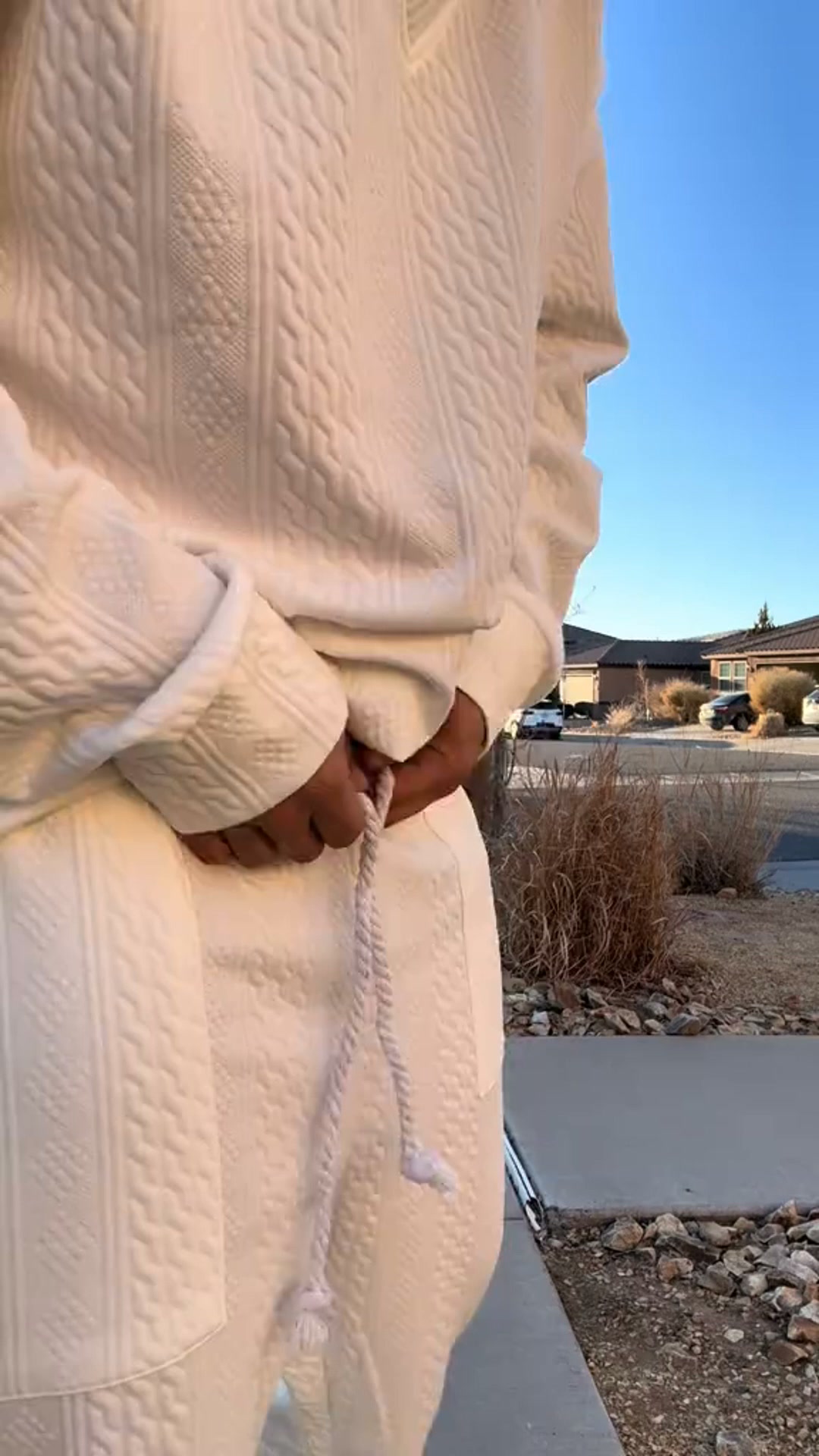 Men's White Cable Knit V-Neck Sweater and Pants Set