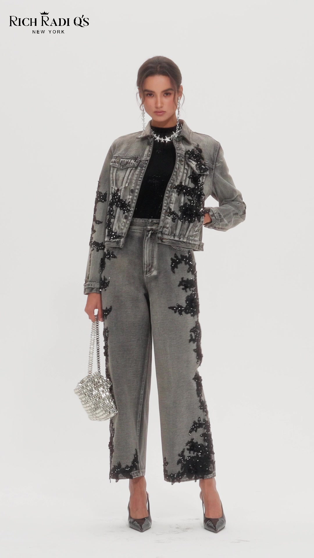 Lace Rhinestone Floral Washed Jacket