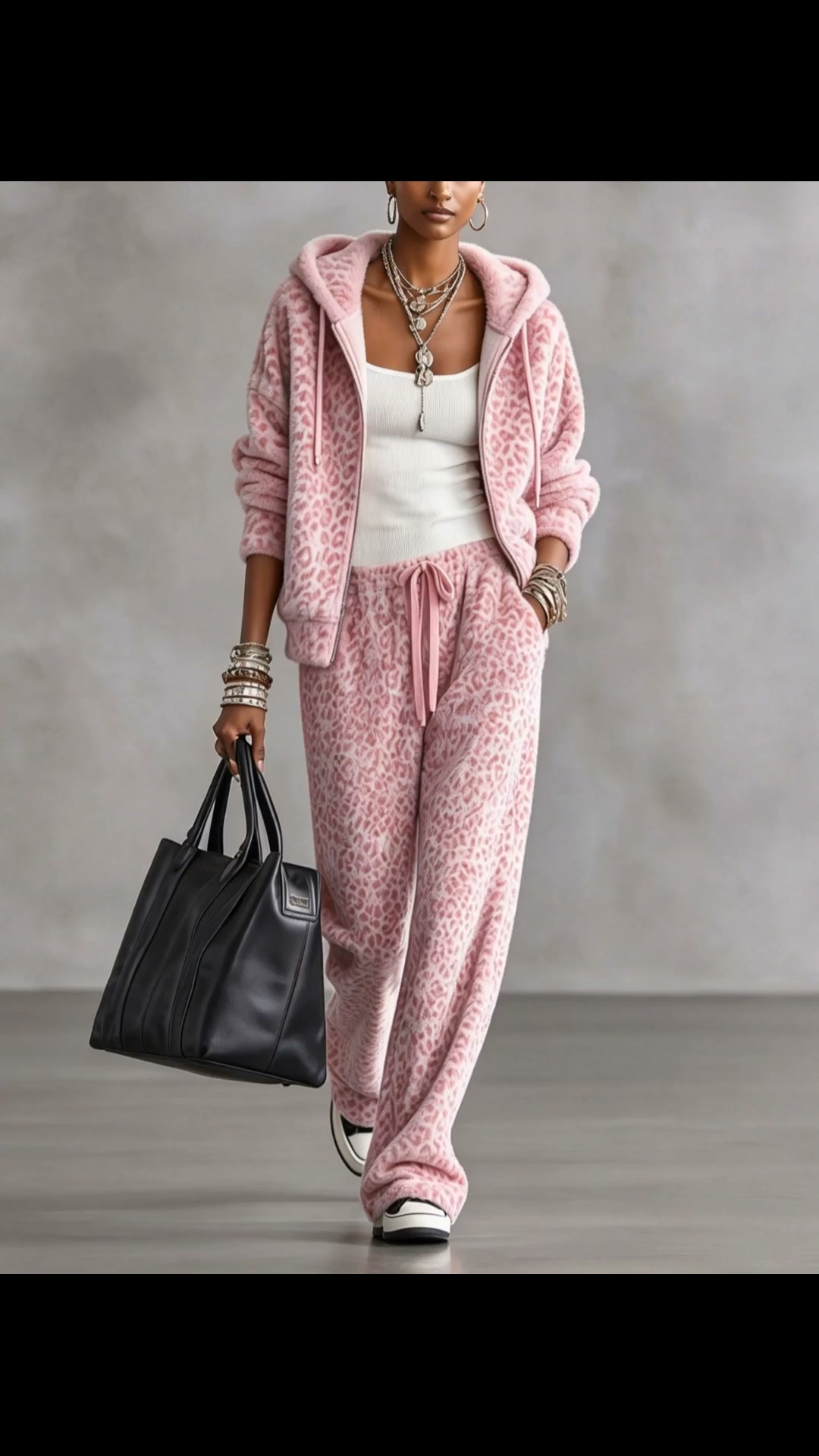 Pink Leopard Print Fuzzy Zip Up Hoodie & Drawstring Wide Leg Pants Two Piece Set | 10% OFF