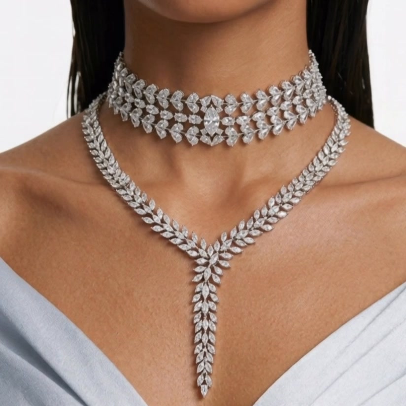 Maharani Uklo Leaflet Drops Lariat Style Diamond Zircon Statement Necklace & Nayara Diamond-Like Zircon Leaf Petal Choker Necklace Set – 2 N