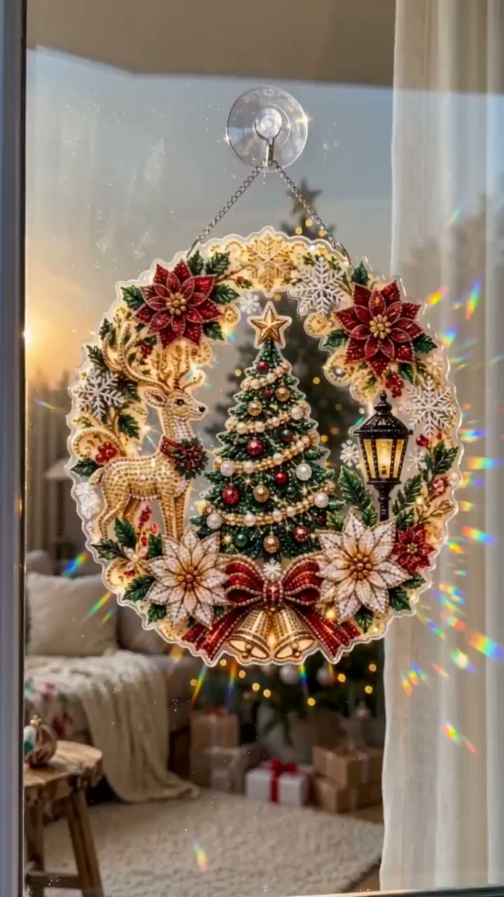 Christmas Round Diamond‑Painting Hanging Ornament Transparent Light‑Catching Window Decor DIY Holiday Craft Kit