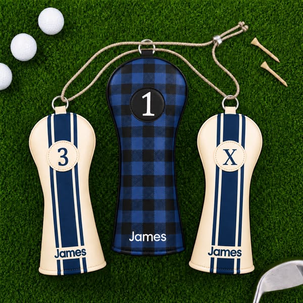 Personalized Golf Club Headcovers With Interchangeable ID Patches, Anti-Loss Adjustable Drawstring, Striped And Plaid Designs Golf Enthusias