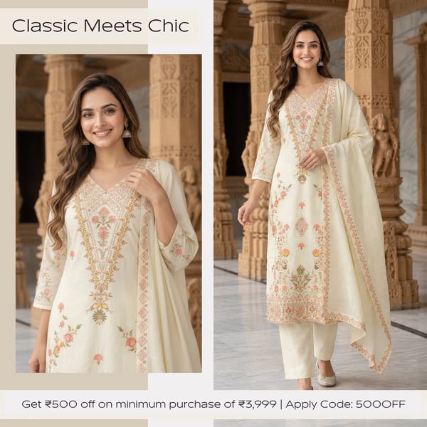 Cream Solid Cotton Straight Kurta Set with Floral Threadwork Embroidery, V-Neck, Silk Blend Palazzo & Pure Cotton Printed Border Dupatta