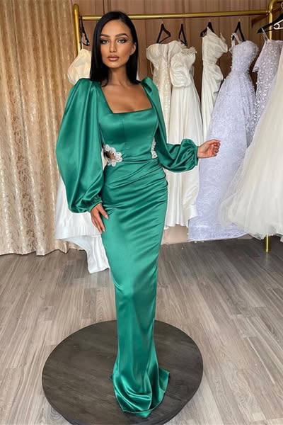Gorgeous Green Long Sleeves Evening Dress Prom Dress Square Hollowing Out With Rhinestone | ED0556 Red-US18W