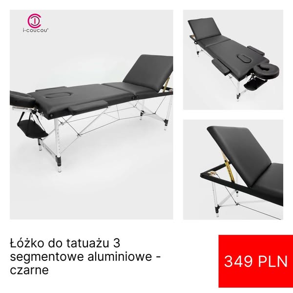 Łóżko do tatuażu 3 segmentowe aluminiowe - czarne