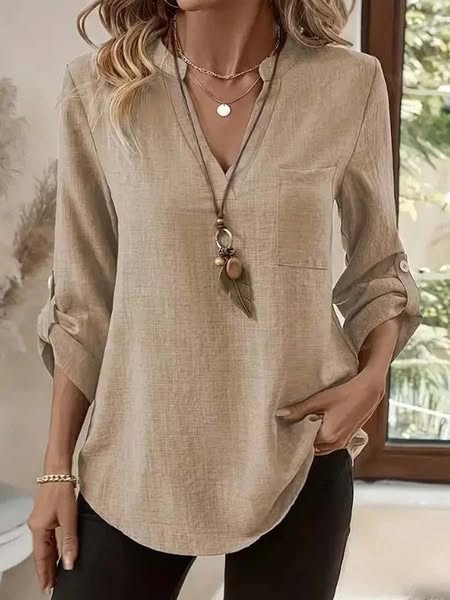 Cotton Linen Relaxed Button Front Artisan Shirt Khaki-M