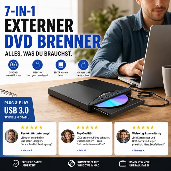 Externes DVD‑Laufwerk, USB 3.0 & Typ‑C, CD‑Brenner