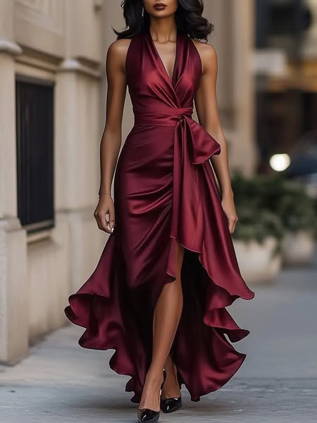 V-Neck Irregular Ruffle Dress M-burgundy