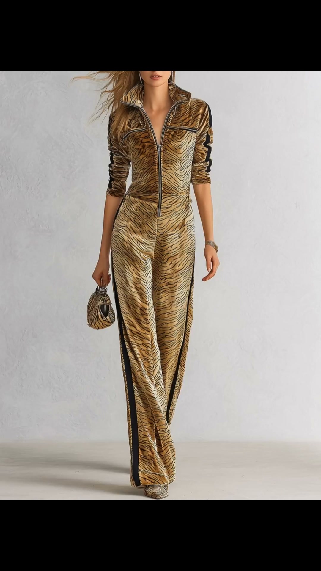 Retro Tiger‑Print Velvet Long‑Sleeve Zip‑Front Jumpsuit | 10% OFF