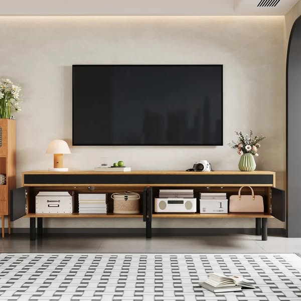 Abrihome Modern TV Cabinet - Low TV Unit with Four Doors, Black and Wood Finish