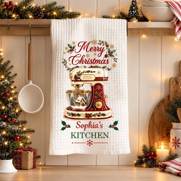 Merry Christmas Baking Mixer Tea Towel, Custom Name, Soft Waffle Kitchen Towel, Christmas Gift for Bakers
