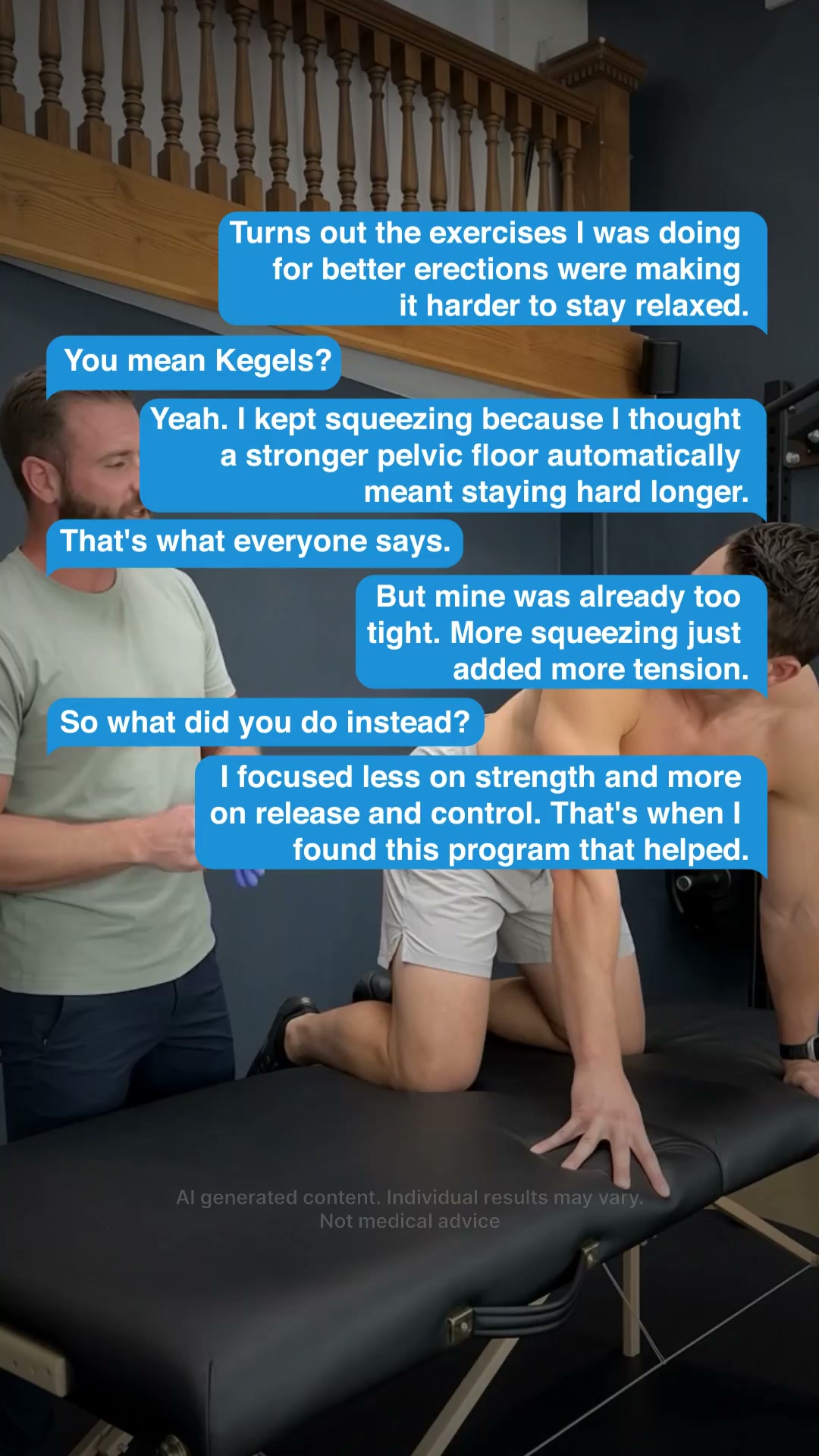 RIGHT — person experiencing the problem:
Turns out the exercises I was doing for better erections were making it harder to stay relaxed.
LEF