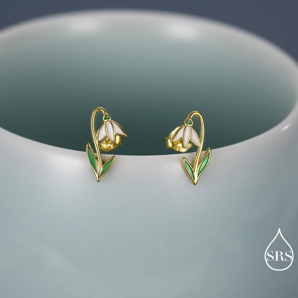 Enamel Snowdrop Flower Stud Earrings