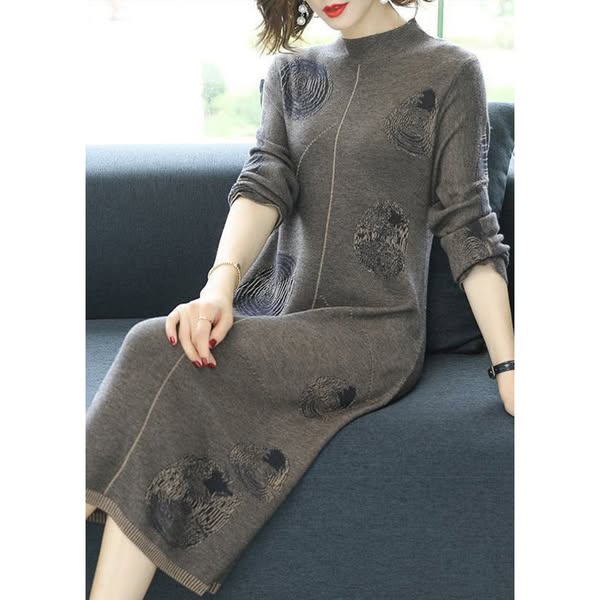 Women Grey Turtleneck Patchwork Cotton Knit Dress Fall