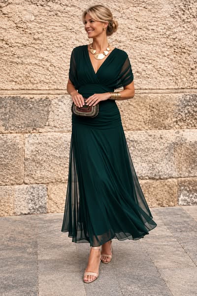 Abito lungo elegante da cerimonia con scollo a V