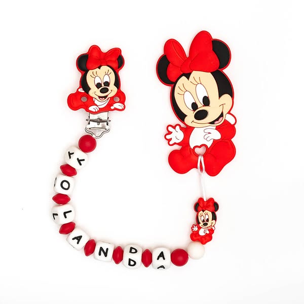 Chupetero Exclusivo 100% Silicona Minnie Mouse Roja + Mordedor Silicona
