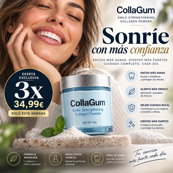 Dale a tus encías el cuidado que merecen”, “ Tu nueva rutina para una sonrisa mejor”, “ Oferta CollaGum: 3 unidades 34,99€” y “ La o