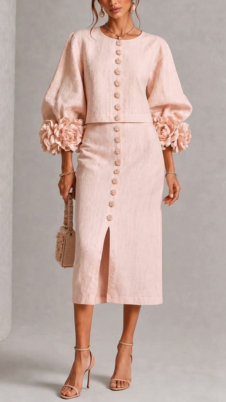 Midi Elegance couleur rose poudré avec des poignets à motifs floraux en 3D