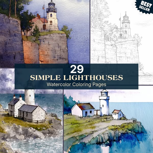 29 Simple Lighthouses Watercolor Coloring Pages