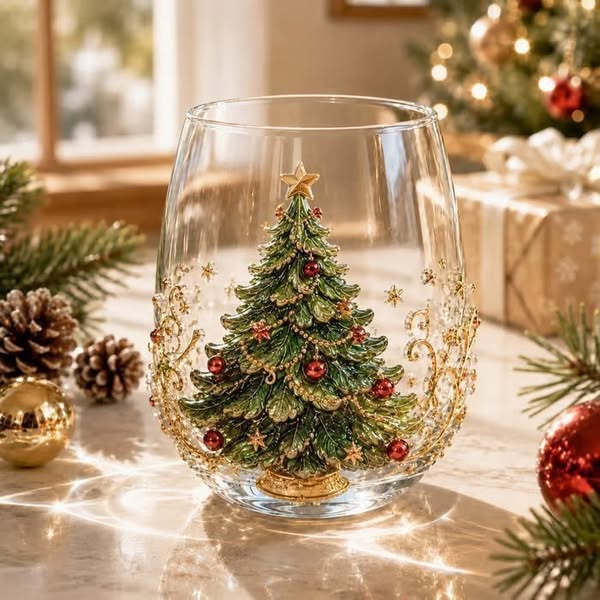 3D Christmas Glass Art Cup | Luxury Raised Holiday Glassware for Drinks, Decor & Christmas Gifts - Santa