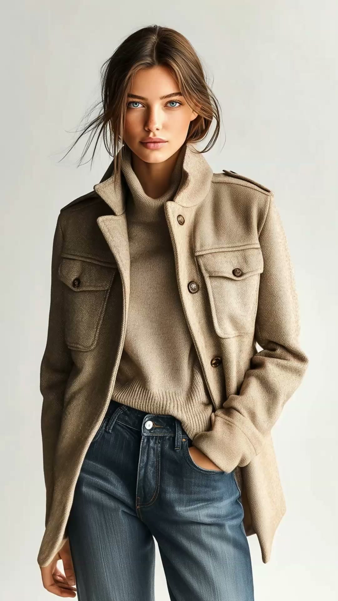 Vintage Khaki Stand Collar Wool Blend Short Coat