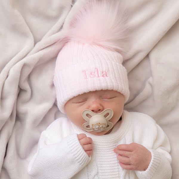 First Size Pink Ribbed Fur Single Pom Hat