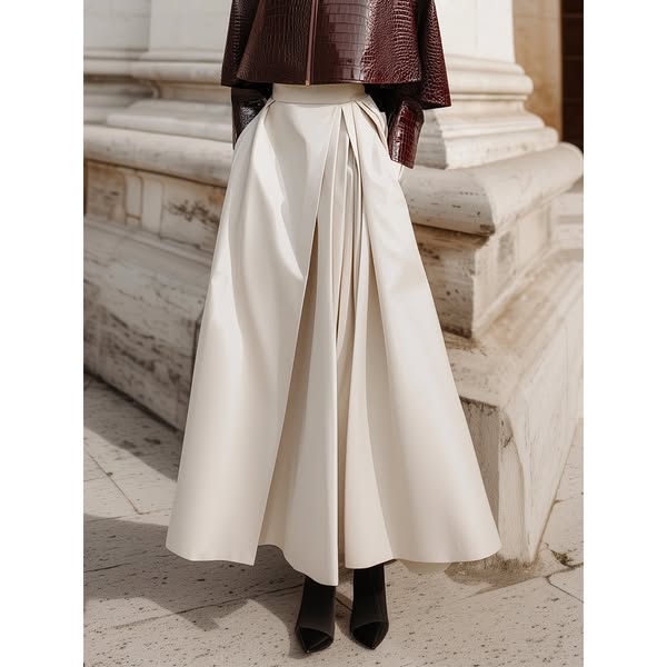 Deconstructed Waist Pleated Side Pockets Midi Skirt With Zip Fastening