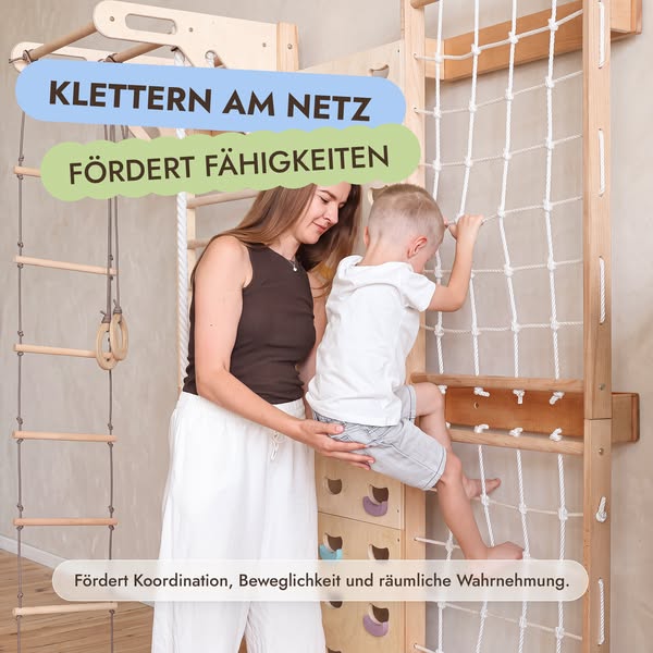 7-in-1 Kletterwand fürs Kinderzimmer mit Sprossenwand, Kletternetz, Klimmzugstange & (3in1) Kinderschaukel-Set