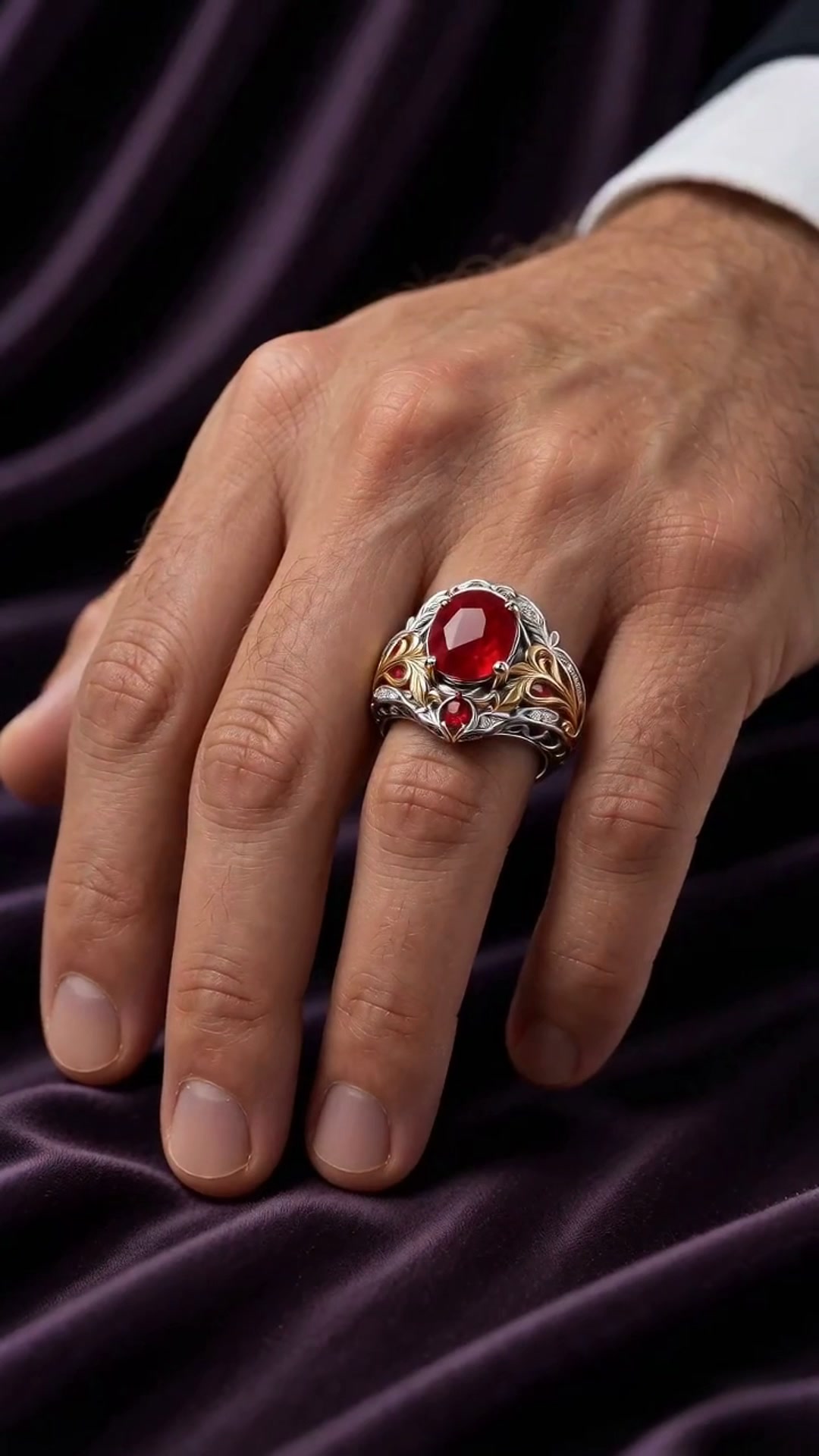 Luxury Ruby Leaf Carving Two-Tone Ring