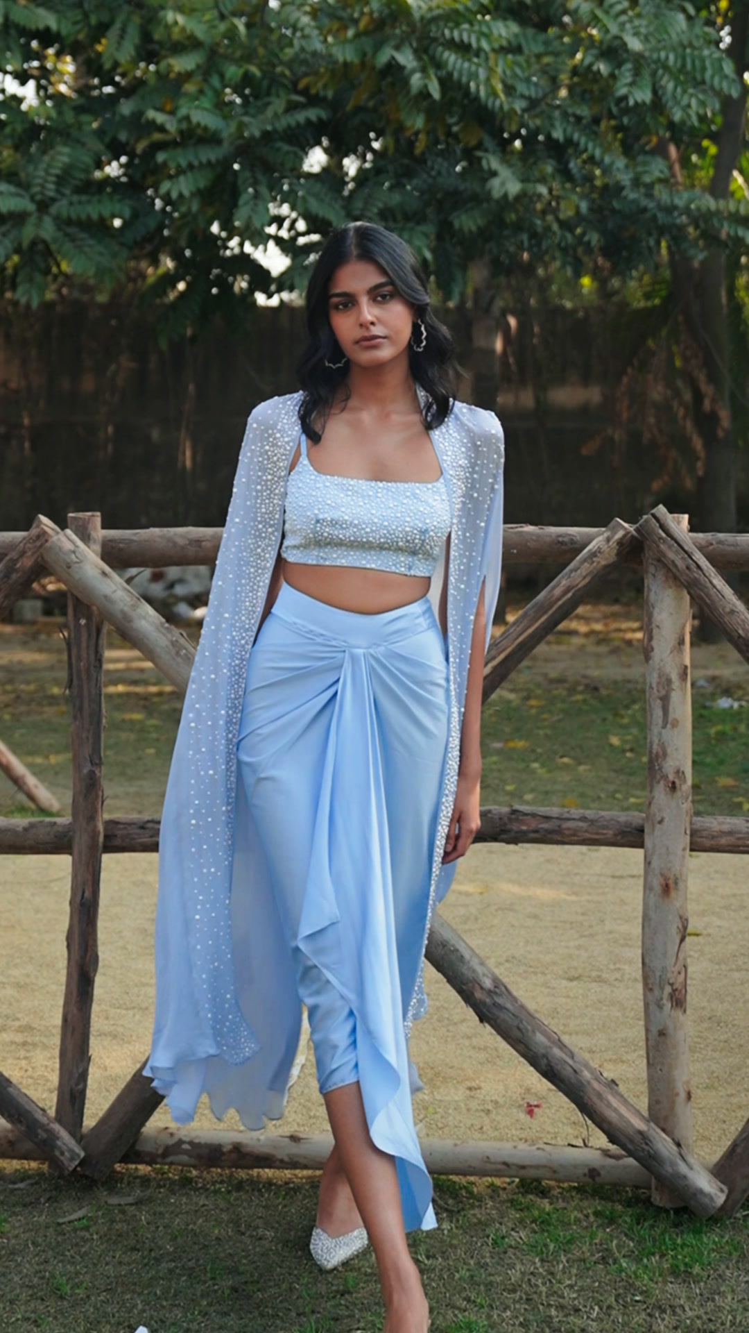 DEGRADÉ PEARL EMBELLISHED CAPE & BRALETTE WITH DRAPED SATIN SKIRT