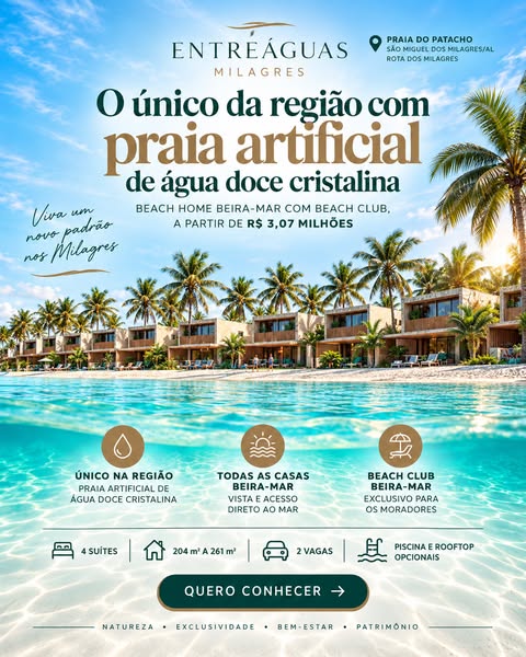 O único da região com praia artificial de água doce cristalina
