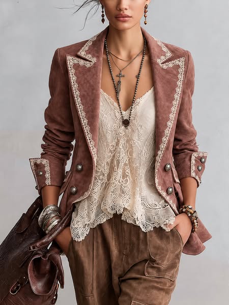 Dusty Pink Lace Trim Faux Suede Double Breasted Blazer