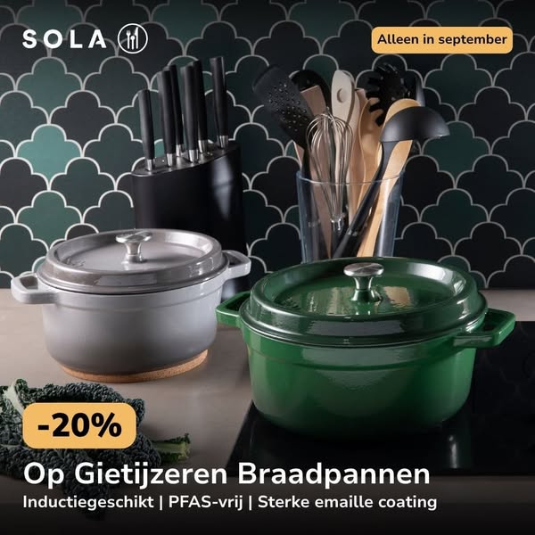 20% korting op gietijzeren braadpannen