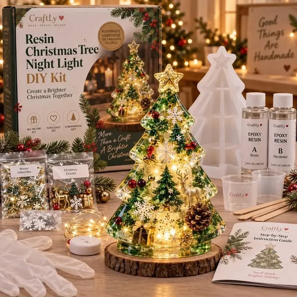 Last Day 49% OFF – Beginner-Friendly Resin Christmas Tree Night Light DIY Kit | Mold, Resin, Fairy Lights & Festive Decorations Included