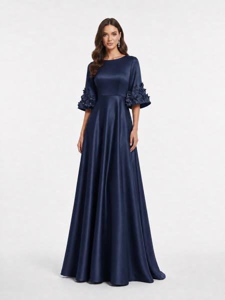Solid Satin A-Line/Princess Bateau Neck Floor-Length Evening Dresses with 3D Floral Bell Sleeves