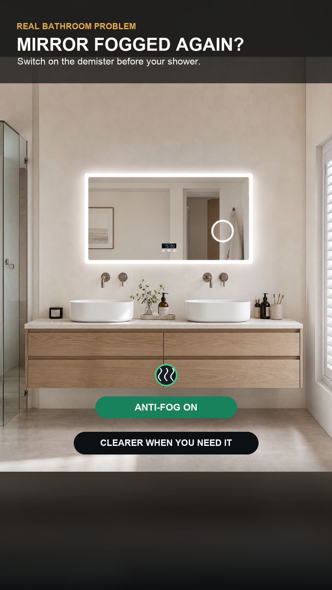 Anti-Fog + Bluetooth LED Mirror