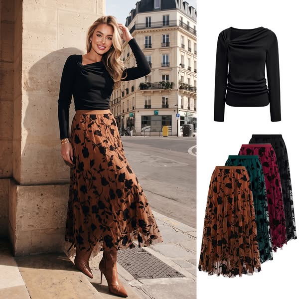 Flocked Rose Double-Layered Tulle Maxi Skirt