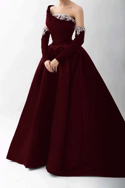 Black Long Beaded One-Shoulder With Rhinestones Sleeves – Mridiya Prom Dress ZT0474 Burgundy-US26W