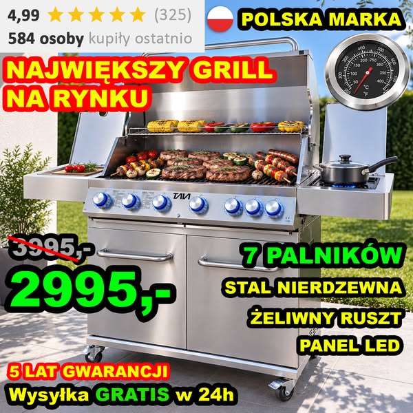 OSTATNIE SZTUKI W PROMOCJI Grill gazowy TAIA Pro 7 palników stal nierdzewna LED termometr i dostawa 24h