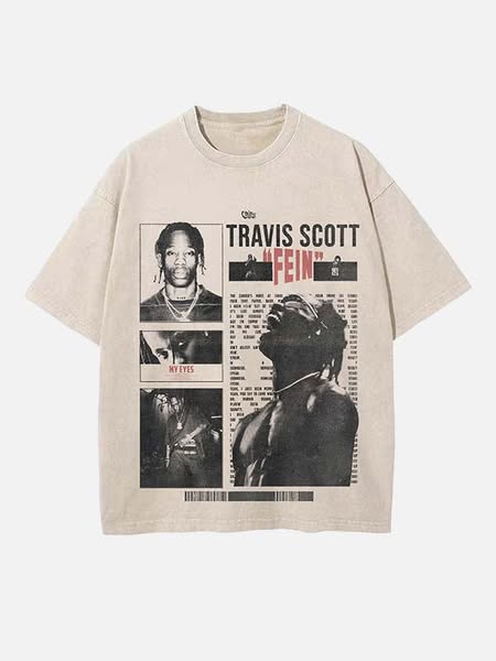 Travis Scott Print Round Neck T-shirt Apricot-S