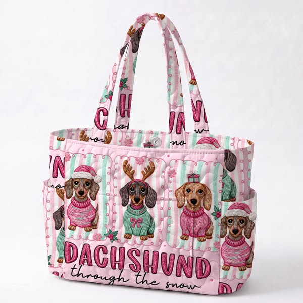 SALE! Retro Dachshund Christmas Patchwork Multiple Pockets Quilted Tote Bag