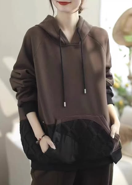 Women Coffee Pockets Patchwork Warm Fleece Pullover Streetwear Spring Khaki-2XL(Fit for EU 46-48, US 14-16, UK/AU 18-20, IT 50-52)