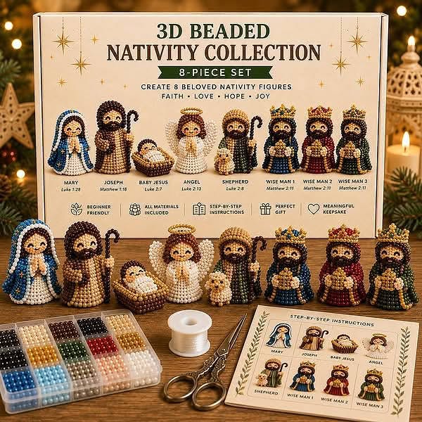 3D Beaded Nativity Collection DIY Kit – Handmade Christmas Faith Craft Set (8-Piece Set)