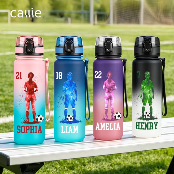 Personalized Soccer Character Silhouette Name Gradient Sports Water Bottle with Flip Top Lid and Strap Gym Birthday Gift for Kid Teenager So