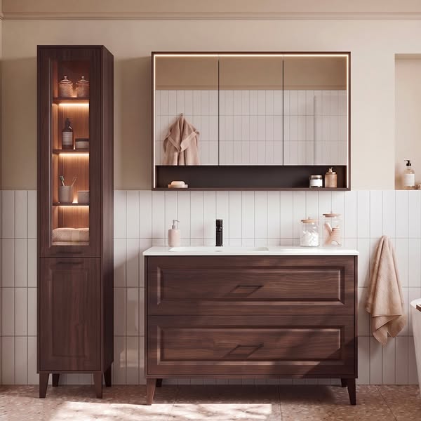 Meuble vasque 120cm bois foncé, vasque céramique
