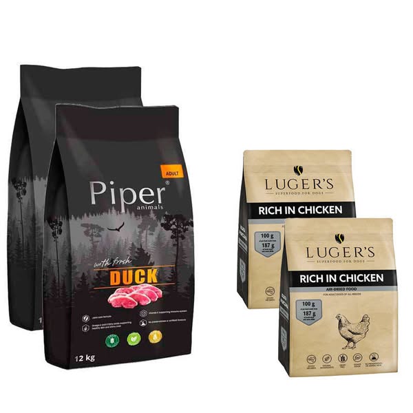 Karma sucha dla psa Piper Animals z kaczką 2 x 12 kg + Luger’s karma suszona dla psa bogata w kurcz